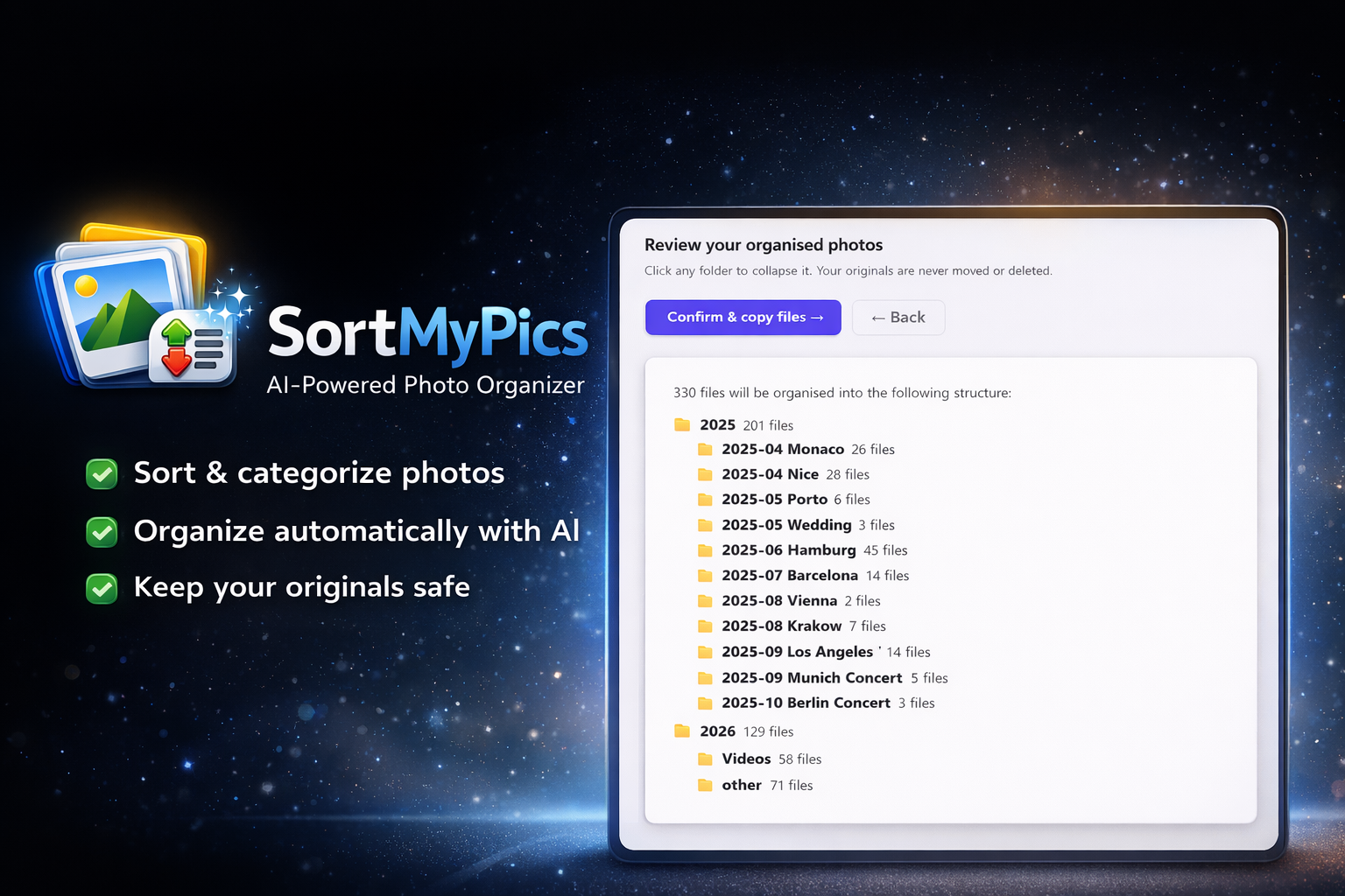 SortMyPics organizes your photos into named folders like 2024-07 Portugal and 2024-12 Christmas